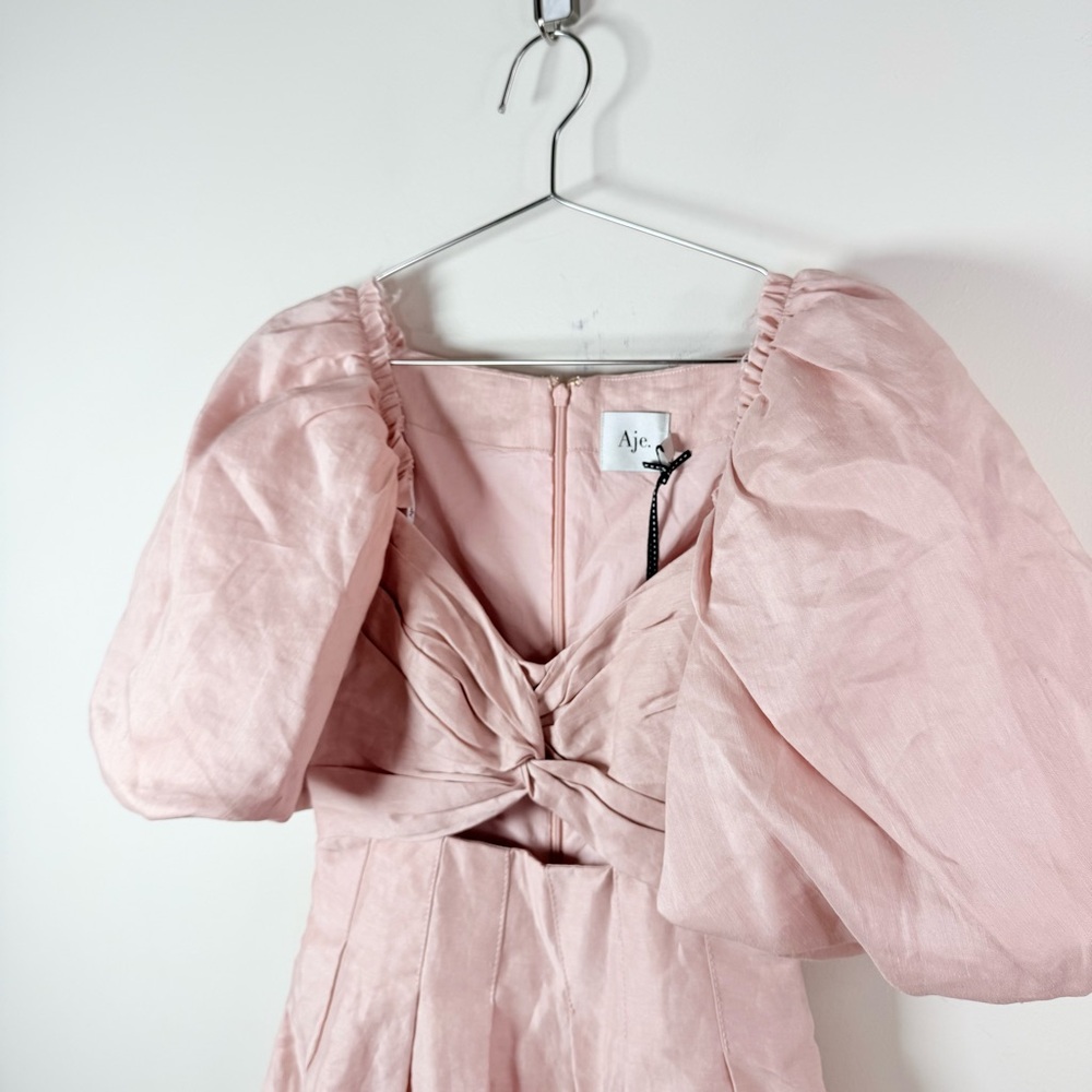 Aje. Dusk Knot Puff Sleeve Mini Dress in Blush - Picture 3 of 10